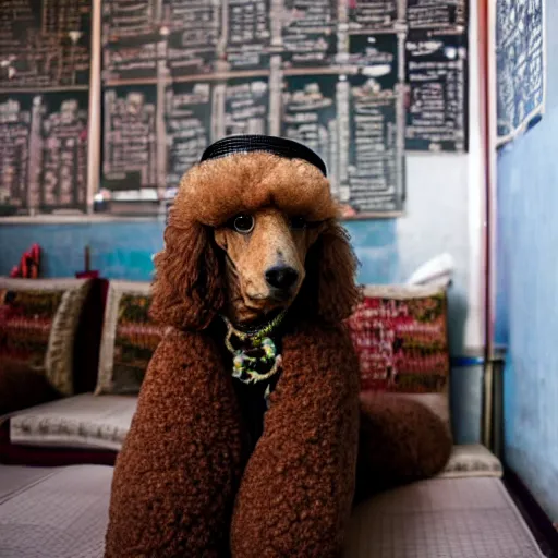 Prompt: a poodle wearing traditional Bedouin garb studying physiology in a cafe in Amman, Jordan