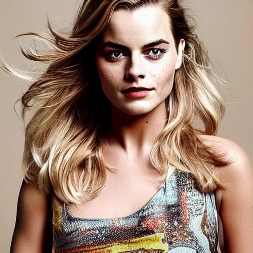 Image similar to a woman who is a genetic combination of margot robbie and emma watson face and upper - body focus, detailed eyes