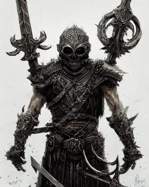 Prompt: skeletal warrior, intricate helm wielding a sword, hyper realistic, fantasy art, in the style of greg rutkowski, intricate, hyper detailed, smooth
