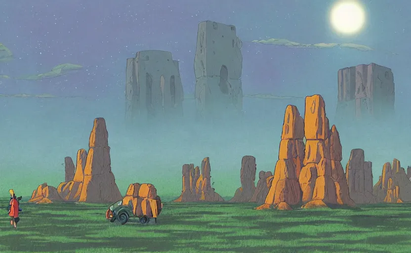 Image similar to a realistic cell - shaded studio ghibli concept art from paprika ( 2 0 0 6 ) of a cubic multi - colored rocketship from close encounters of the third kind ( 1 9 7 7 ) in a flooded monument valley stonehenge jungle jungle on a misty starry night. a camel caravan is in the foreground. very dull colors, portal, hd, 4 k, hq