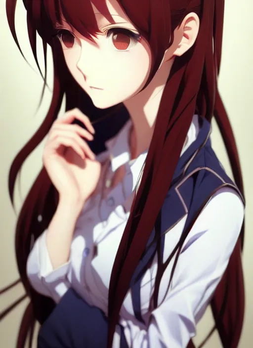 Prompt: 3 / 4 view of a portrait of cute makise kurisu from steins gate, confident pose, pixie, elegant, sharp focus, illustration, highly detailed, concept art, matte, trending on artstation, anime, art by wlop and artgerm and greg rutkowski, ilya kuvshinov, strong strokes, photo of