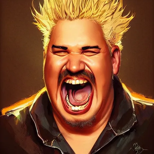 Prompt: a beautiful portrait of guy fieri with no teeth, toothless, gums!!! by greg rutkowski and bill sienkiewicz trending on artstation