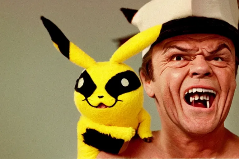 Image similar to Jack Nicholson dressed up in costume of Pikachu, scary, horror, still from the film by Stanley Kubrick in color