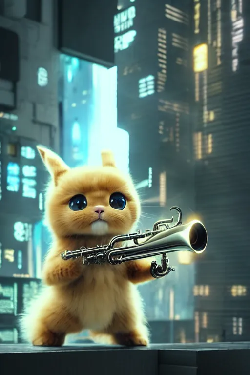 Image similar to high quality 3 d render very cute fluffy cyborg!! cat plays trumpet, cyberpunk highly detailed, unreal engine cinematic smooth, in the style of blade runner & detective pikachu, hannah yata charlie immer, moody light, low angle, uhd 8 k, sharp focus