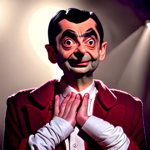 Image similar to mr. bean as madonna. movie still. cinematic lighting.