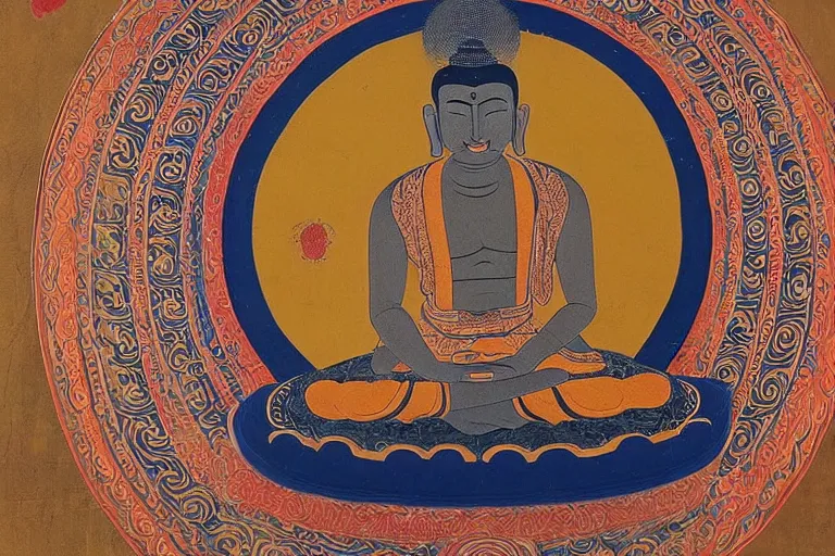 Image similar to time traveler buddha, tibetan buddhist painting of the life of buddha