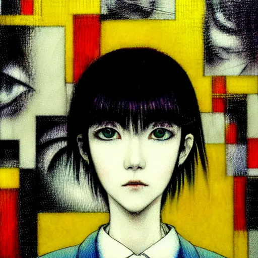 Image similar to yoshitaka amano blurred and dreamy realistic three quarter angle horror portrait of a sinister young woman with short hair and yellow eyes wearing office suit with tie, junji ito abstract patterns in the background, satoshi kon anime, noisy film grain effect, highly detailed, renaissance oil painting, weird portrait angle, blurred lost edges