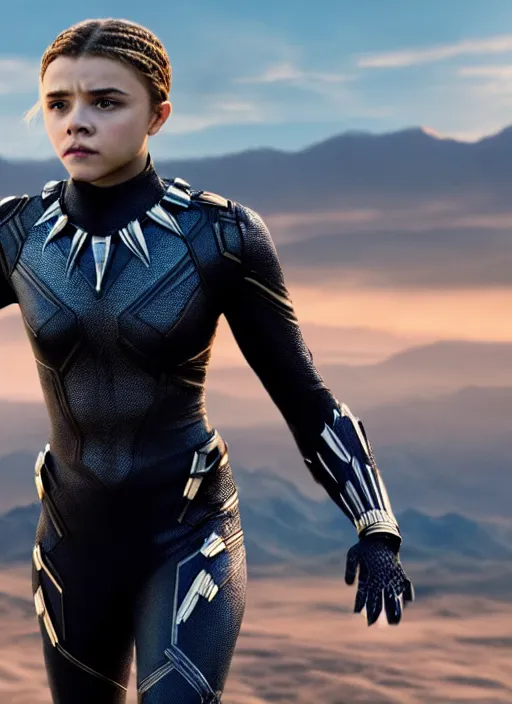 Prompt: film still of chloe grace moretz as black panther, 4 k