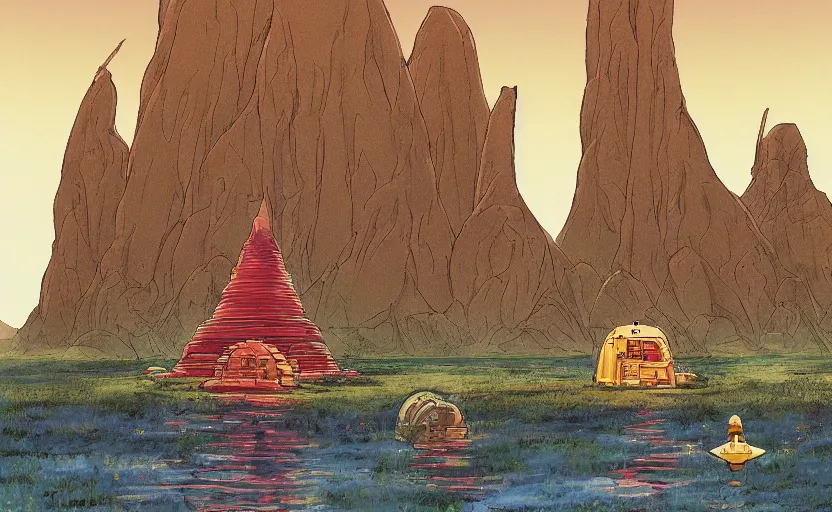 Image similar to a cell - shaded studio ghibli concept art from paprika ( 2 0 0 6 ) of a multi - colored spaceship from close encounters of the third kind ( 1 9 7 7 ) in a flooded monument valley temple stonehenge jungle. a caravan is in the foreground. very dull colors, portal, hd, 4 k, hq