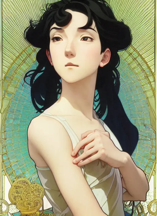 Image similar to pretty young man with short black hair, male, half body shot, path traced, highly detailed, high quality, digital painting, by studio ghibli and alphonse mucha, leesha hannigan, hidari, art nouveau, chiho aoshima, posuka demizu