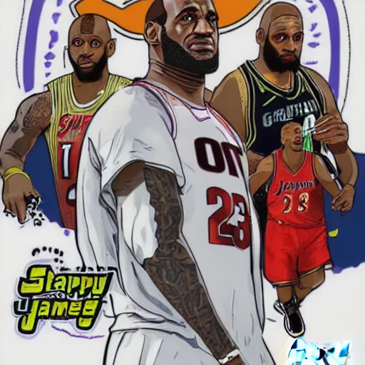 Image similar to happy lebron james, gta v cover art, art by stephen bliss