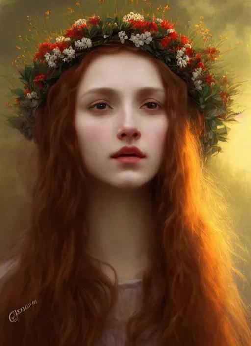 Prompt: oil painting close up portrait of a beautiful young woman with long flowing straight red hair, wearing a crown of wildflowers!! at sunset, hazy, digital art, chiaroscuro, artstation, cinematic, golden hour, digital art painting by greg rutkowski, william - adolphe bouguereau, hazy atmosphere, cinematic lighting