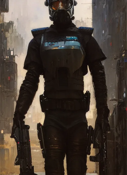 Image similar to Eliezer Nash. Menacing Cyberpunk police trooper wearing a combat vest. Rainy streets (dystopian, police state, Cyberpunk 2077, bladerunner 2049). Iranian orientalist portrait by john william waterhouse and Edwin Longsden Long and Theodore Ralli and Nasreddine Dinet, oil on canvas. Cinematic, vivid colors, hyper realism, realistic proportions, dramatic lighting, high detail 4k