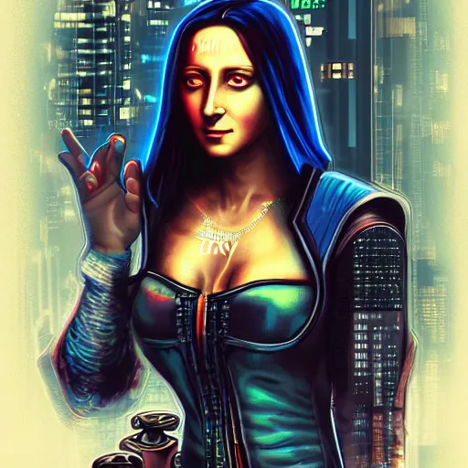 Prompt: Cyberpunk monalisa, cyberpunk in a cyberpunk city, 8k, trending on artstation, professionally detailed