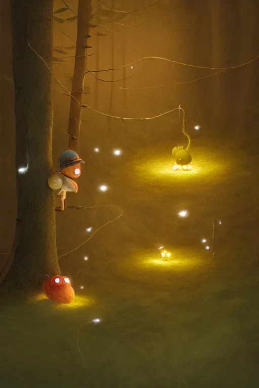 Image similar to a matte digital painting of aforest at night, fireflies, watercolor, volumetric wool felting, macro photography, children illustration, by goro fujita