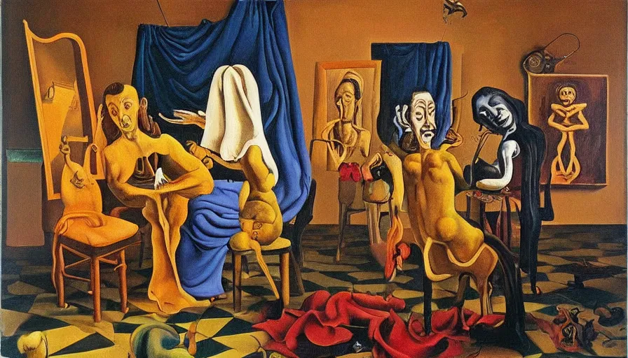 Image similar to gorgeous painting by equal parts salvador dali and vermeer robert williams and basil wolverton and robert crumb oil on canvas, 8 k 1 0 8 0 p