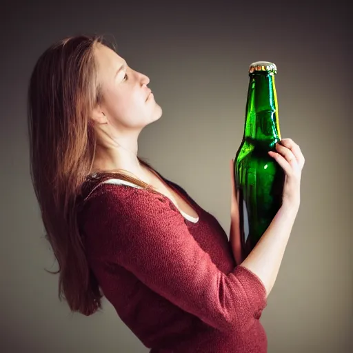 Image similar to a woman holding a bottle of beer, photorealistic