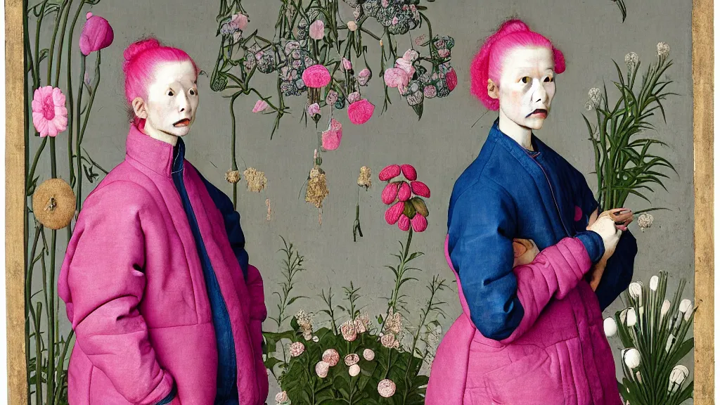 Prompt: portrait of a woman with pink hair buns, wearing a blue puffer jacket and baggy jeans, standing in a room full of plants and flowers, white background, intricate details, high detail, in the style of rogier van der weyden and jacopo da pontormo, punk, asian art,