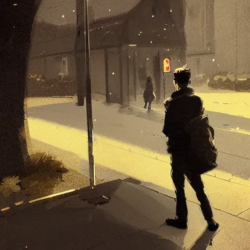 Image similar to a young man waiting at the bus stop in ireland, digital art by greg rutkowski