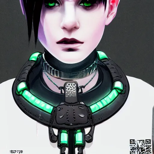 Image similar to detailed realistic cyberpunk female character cyberpunk wearing large steel collar around neck, realistic, art, beautiful, 4K, collar, choker, collar around neck, punk, artstation, detailed, female, woman, choker, cyberpunk, neon, punk, collar, choker, collar around neck, thick collar, choker around neck, wearing choker, wearing collar, bright neon punk hair, collar, choker,