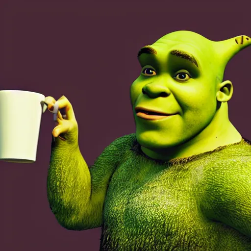 Prompt: a photo of shrek in an office, doing work behind a computer, being bored, with a cup of coffee next to him.