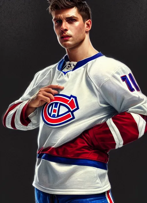 Prompt: ultra realistic illustration, handsome habs player. intricate, sainte flanelle suit, highly detailed, digital painting, artstation, concept art, smooth, sharp focus, illustration, art by artgerm and greg rutkowski and alphonse mucha and wlop