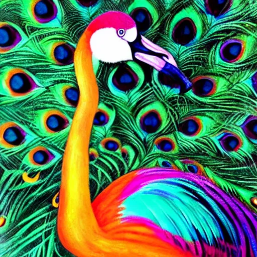 Prompt: hybrid bird cross between peacock and flamingo detailed oil painting 4k