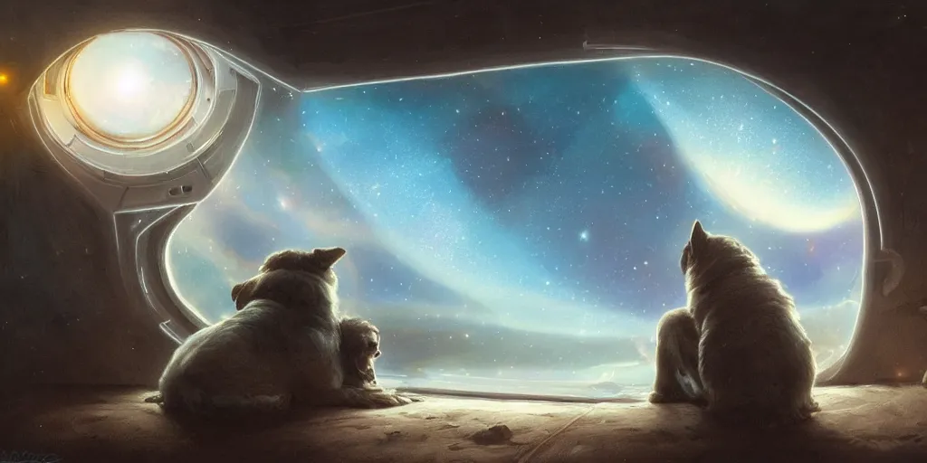 Prompt: dog, sitting sad in spaceship, gazing at view of galaxy in space through a window, by jim burns, peter andrew jones, michael hutter, sharp digital painting. dreaming latent space. matte painting, concept art. artstation. digital render.