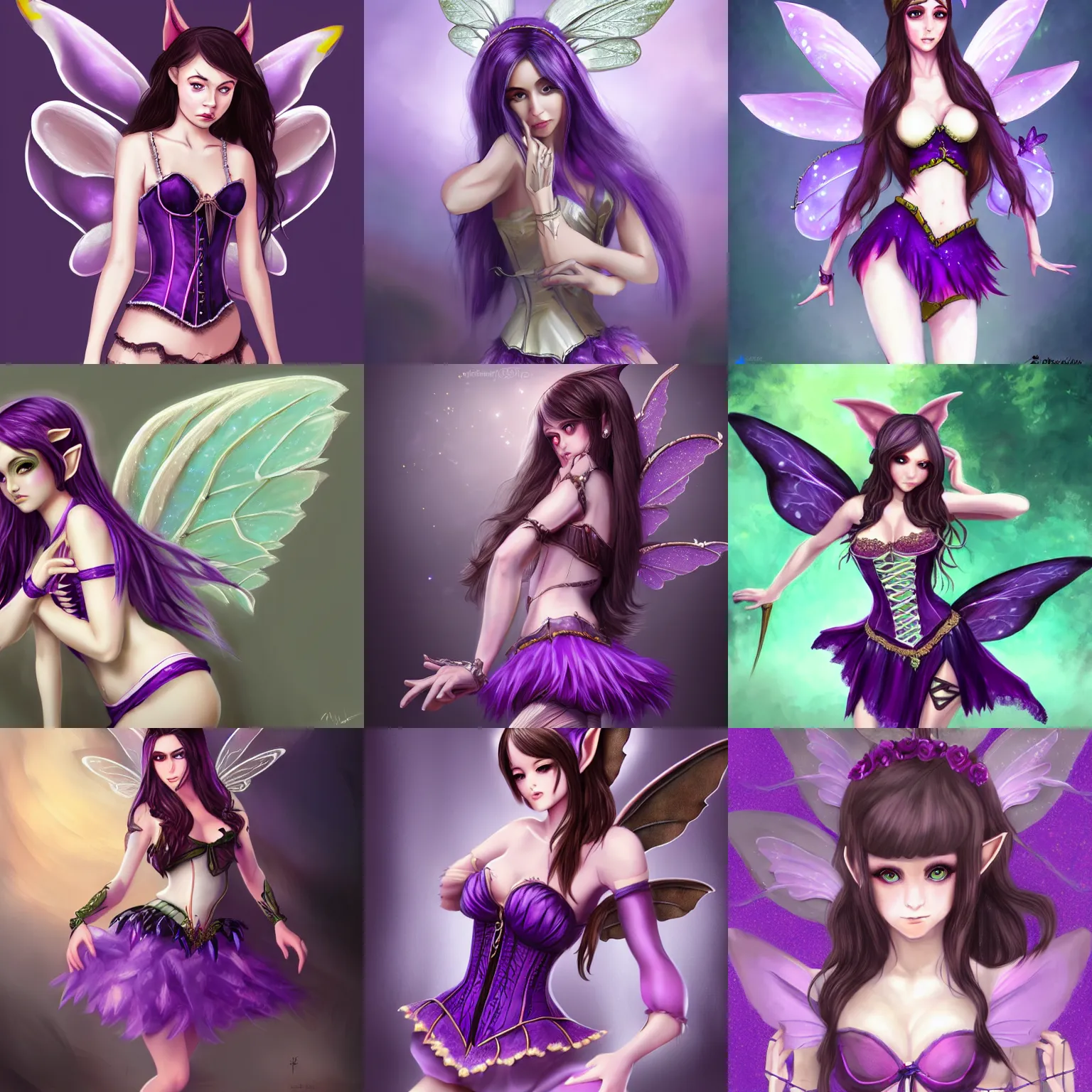 Prompt: brunette elf with fairy wings, wearing purple corset top and pancake tutu, fantasy, highly detailed, digital painting, trending on pixiv, concept art, sharp focus, illustration, anime