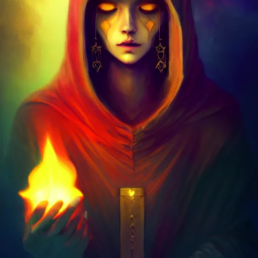 Image similar to ( a priestess with a hood that covers half her face carries an incense burner that emits a pleasantly colored flame. ) by anato finnstark, dream, full body portrait, dynamic lighting, beautiful, trending on artstation, wallpaper, 4 k, award winning, digital art, very detailed faces