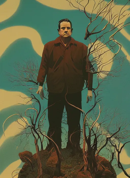 Prompt: poster artwork by Michael Whelan and Tomer Hanuka, Karol Bak of portrait of Terrence Malick, from scene from Twin Peaks, clean, simple illustration, nostalgic, domestic, full of details