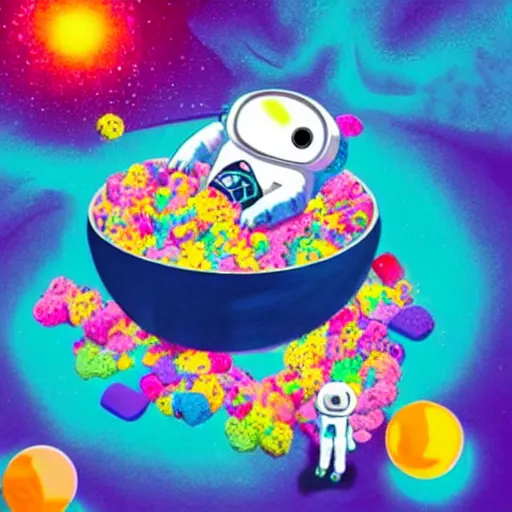 Prompt: dead astronaut floating in a bowl of colorful marshmallow cereal, in a hellish dimension of torment, by Lisa Frank