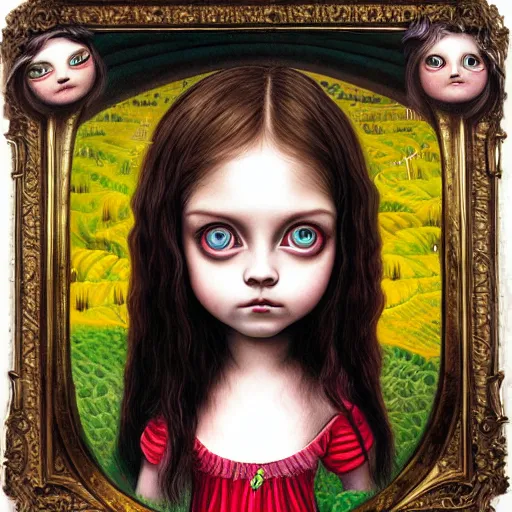 Prompt: hyper detailed portrait painting of a girl with big eyes in the style of artist mark ryden, symmetrical composition, in a landscape