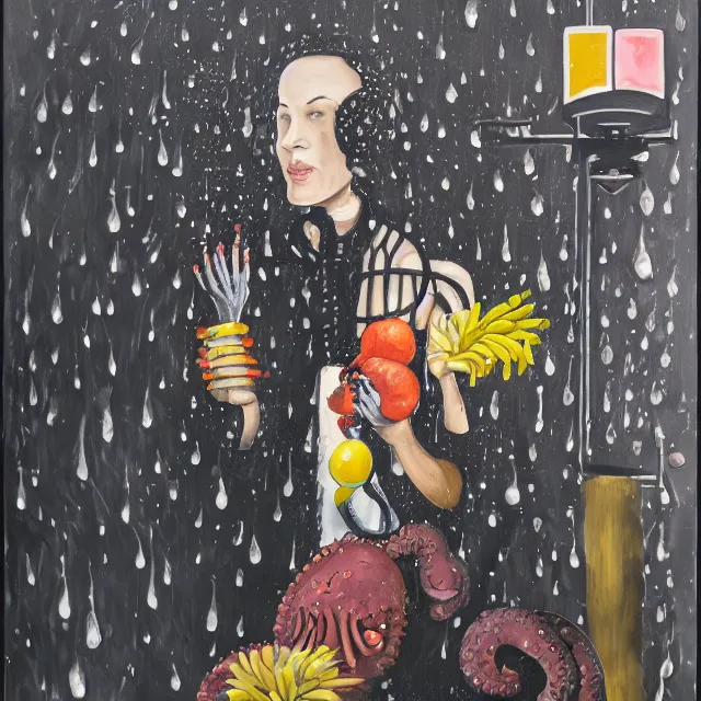 Prompt: a portrait in a dark laneway, a woman holding pancakes, streetlamps, rain, berries dripping, scientific instruments, ikebana, octopus, neo - expressionism, surrealism, acrylic and spray paint and oilstick on canvas