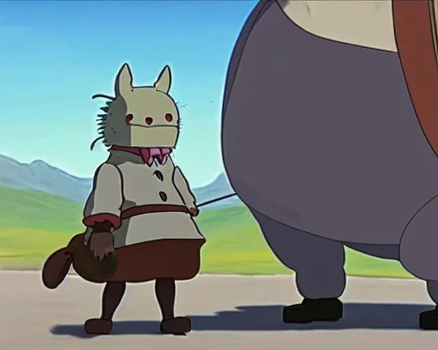 Prompt: a cell shaded cartoon grey six legged mechanic wolf from howl's moving castle ( 2 0 0 4 ), with a big head, on a desert road, wide shot, studio ghibli, hq