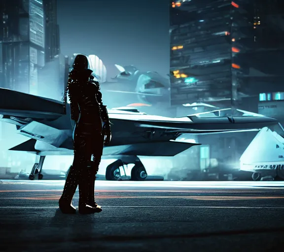 Image similar to fighter pilot stands beside futuristic sci fi fighter jet landed at runway of cyberpunk city, night photo ,dark cinematic lighting , digital concept art