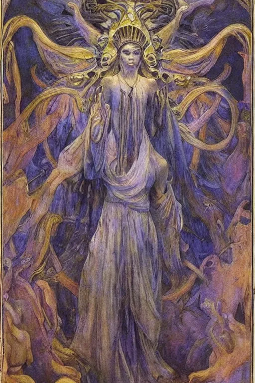 Image similar to spirit of the last forest by Annie Swynnerton and Nicholas Roerich and jean delville, strong dramatic cinematic lighting , ornate headdress , flowing robes, lost civilizations, smooth, sharp focus, extremely detailed