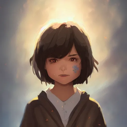 Image similar to a child with grey skin with blues and short brown hair, holding fire, highly detailed, digital painting, artstation, matte, by makoto shinkai, animation style