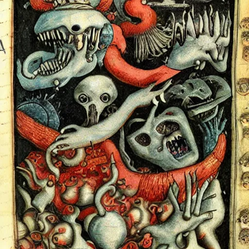 Image similar to uncanny monsters of the imagination in a surreal alchemical manuscript