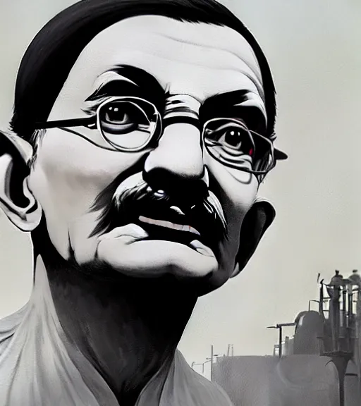 Image similar to Highly detailed portrait of Gandhi, in GTA V, Stephen Bliss, unreal engine, fantasy art by Greg Rutkowski, Loish, Rhads, ferdinand knab, Makoto Shinkai and Lois van baarle, ilya kuvshinov, rossdraws, Tom Bagshaw, global illumination, radiant light, detailed and intricate environment