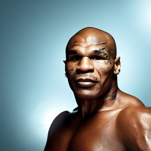 Image similar to mike tyson in a boxing arena, smoky background, rim backlighting