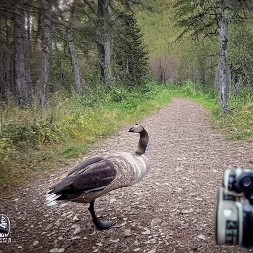 Prompt: high quality trail cam footage of a goose attacking a human. 8 k photography, depth of field, canon dslr