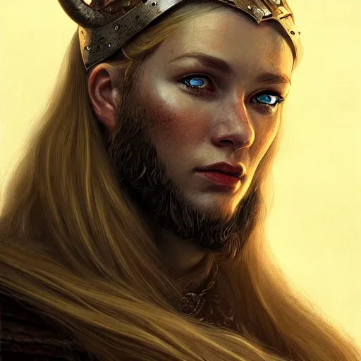 Prompt: portrait of a viking, female,, epic fantasy, detailed, intricate, digital painting, concept art, realistic, smooth, focus, rim light