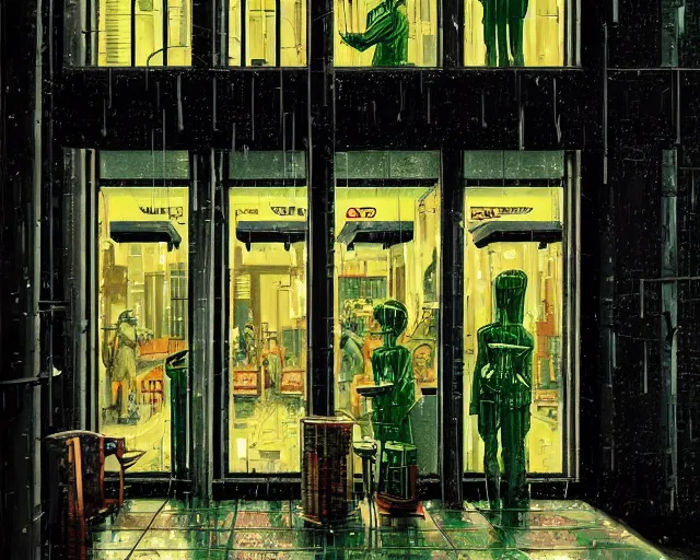 Image similar to exterior of the only cyberpunk open restaurant in a night rainy melancholy cyberpunk city by de chirico