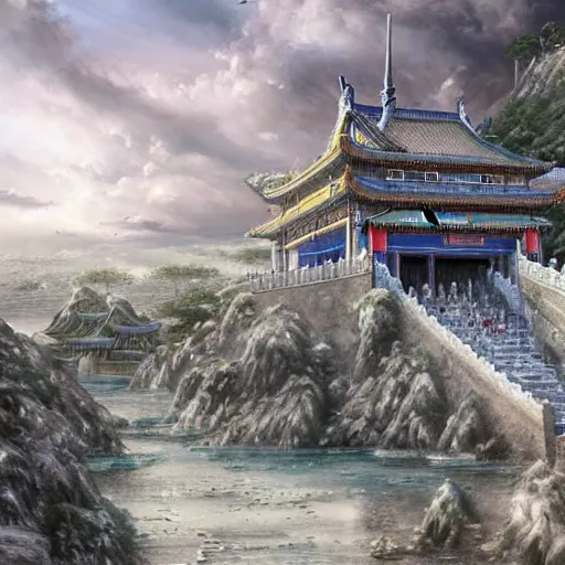 Prompt: dynamic composition, motion, ultra-detailed, incredibly detailed, a lot of details, amazing fine details and brush strokes, colorful and grayish palette, smooth, HD semirealistic anime CG concept art digital painting, watercolor oil painting of epic castle gate, from Three Kingdoms, by a Chinese artist at ArtStation, by Huang Guangjian, Fenghua Zhong, Ruan Jia, Xin Jin and Wei Chang. Realistic artwork of a Chinese videogame, gradients, gentle an harmonic grayish colors.