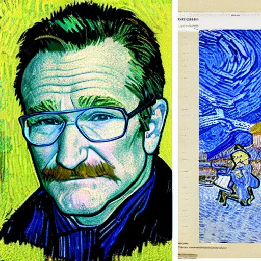 Prompt: Robin Williams printing papers by Van Gogh