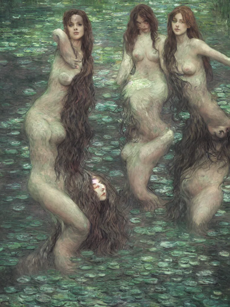 Image similar to illustration studio portrait of three dark beautiful woman bodies mermaids female energy in artistic poses in the river at the forest, monet painterly motives and textures pattern, hyper detailed, octane render, vivid colors, artstation, by jeremy mann, by alphonse mucha, by monet