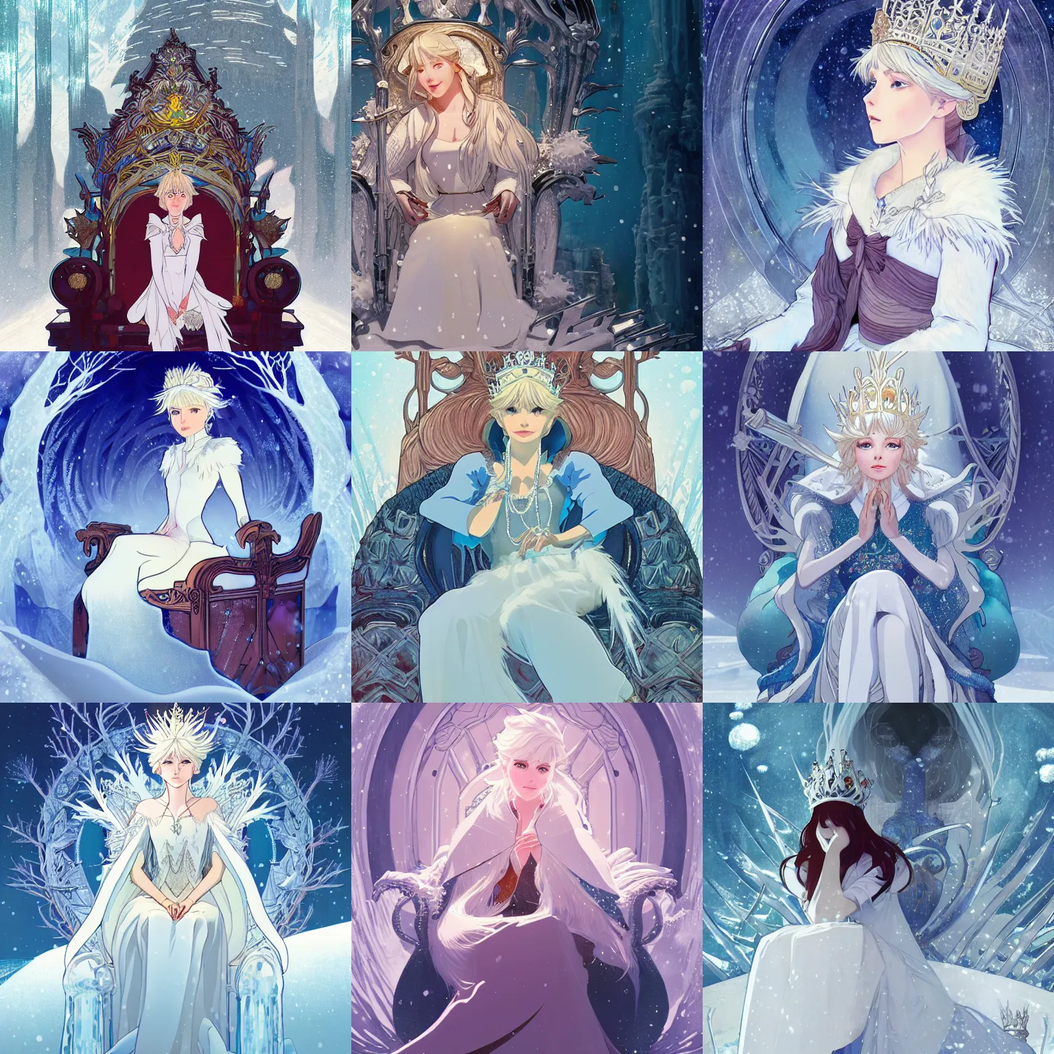 Prompt: Portrait of the snow queen sitting in her throne of ice, fantasy, highly detailed, artstation, concept art, digital illustration, sharp focus, by Kyoto Animation and Studio Ghibli, by Ilya Kuvshinov and Alphonse Mucha