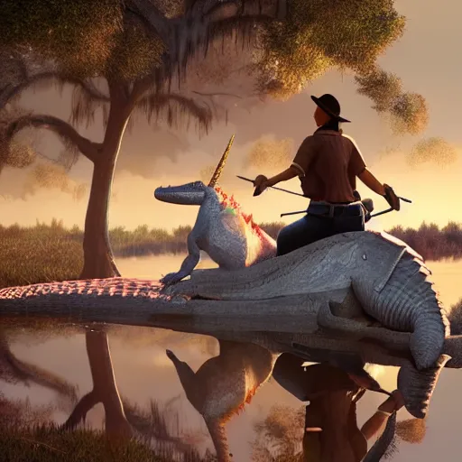 Image similar to a digital painting of a unicorn writing an alligator like a man rides a horse, studio cgi, unreal engine 5