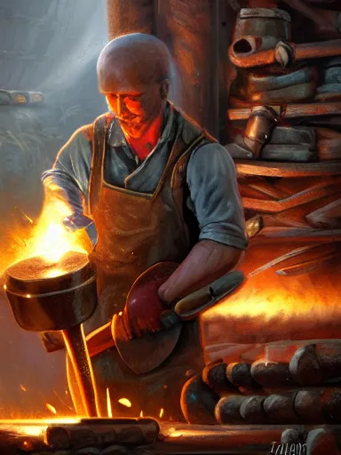 Image similar to a blacksmith striking a hammer in its anvil. working at his forge. intricate, elegant, highly detailed, digital painting, artstation, cinematic shot, concept art, sharp focus, illustration, by justin gerard and artgerm 8 k